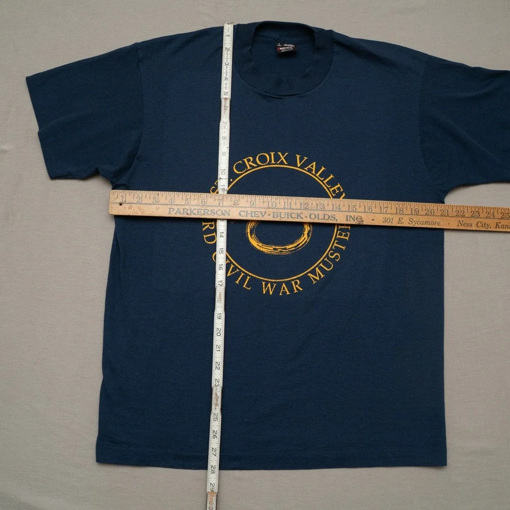 Vintage 80s 90s St Croix Valley 3rd Civil War Muster T Shirt Navy Blue Trumpet L